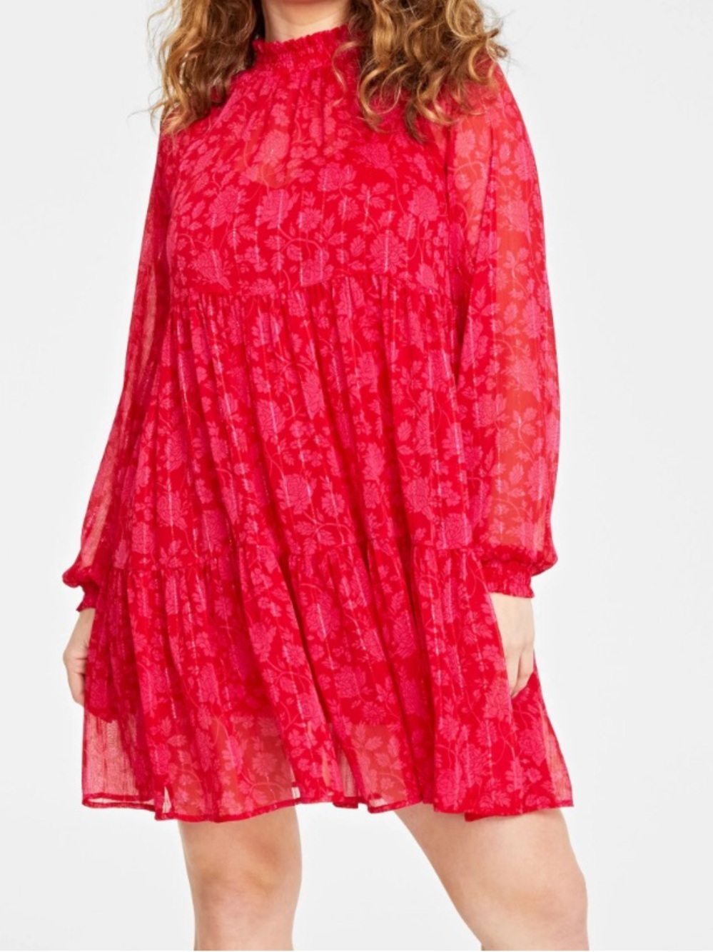 On 34th Womens Sheer Long Sleeve Floral Print Tiered Trapeze Mini Dress Red XL